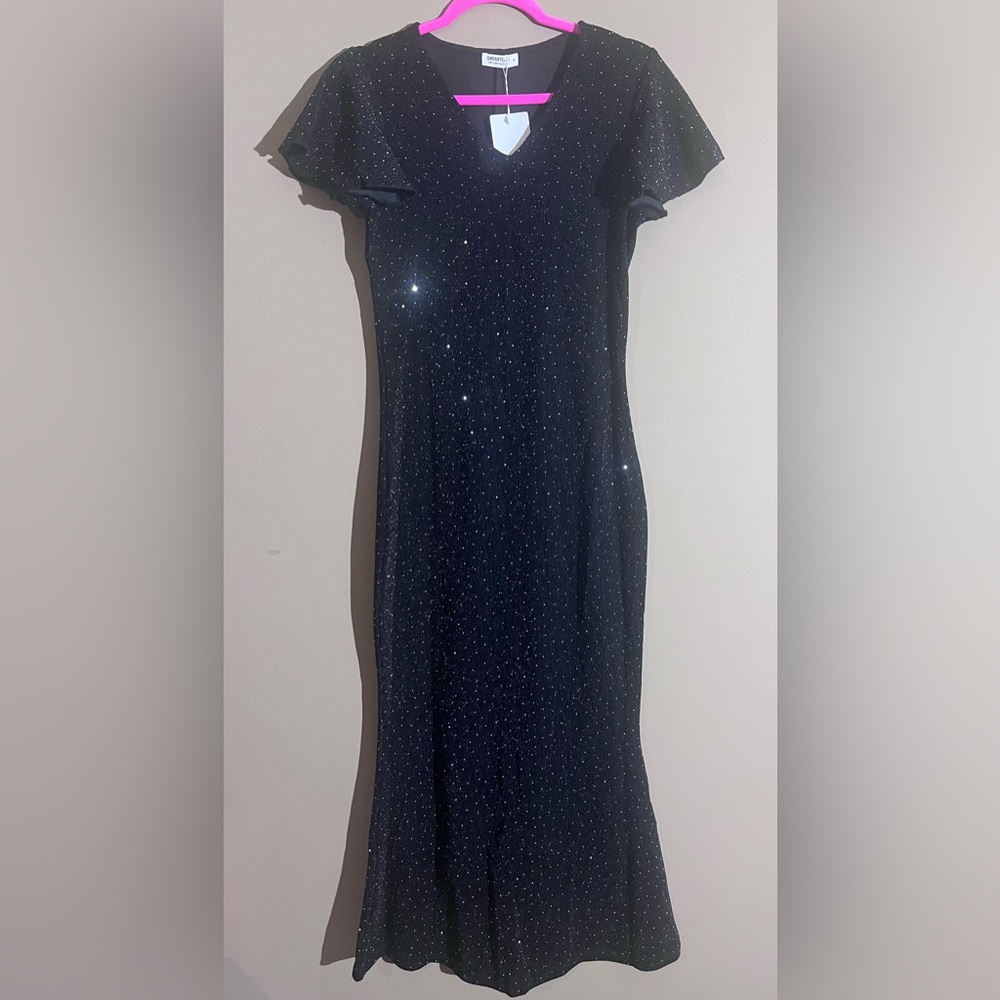 Sparkle Black Maxi Dress with Flutter Sleeves